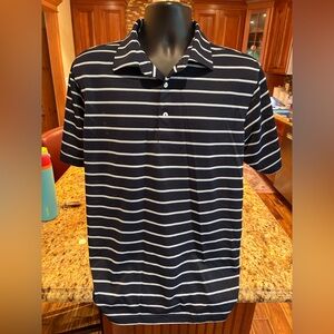 Peter Millar men’s golf Polo. Sharp navy w/white stripes. logo on sleeve. Medium